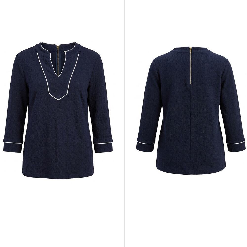 Crown & Ivy Navy Blue Contrast Piping Split V-Neck Knit Top Women Size M